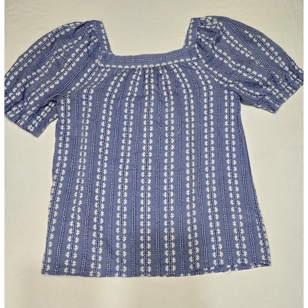 Loft Womens Jacquard Puff Sleeve Square Neck Embroidered Top XS Blue 100% Cotton